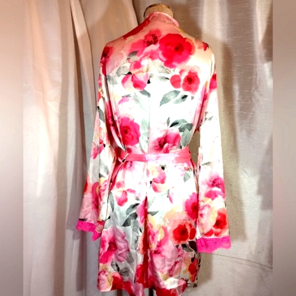 2Pc:Rose Satin Robe+Slip: Floral Pinks & White, Satin+ Lace, Tie, Straps, M - Picture 5 of 16